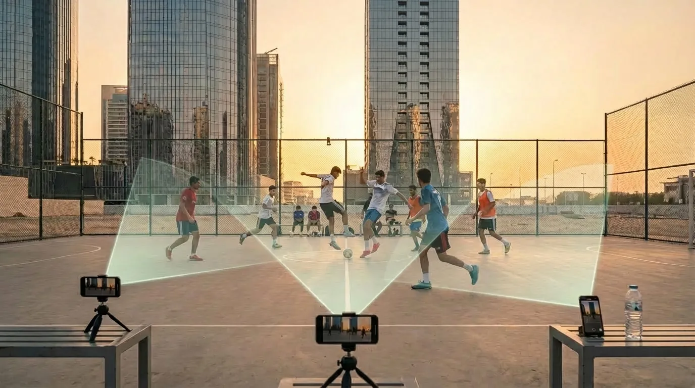 Multiple phones covering a pitch from all angles